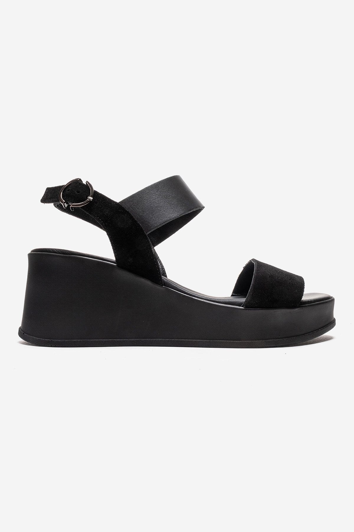 LOLANTHE - Black Genuine Leather Wedge Heel Sandal – heel view showing leather, suede, black, Vowalisse