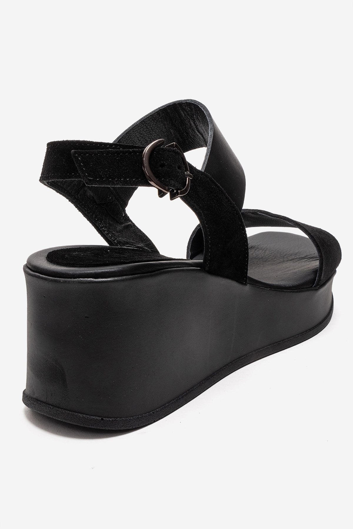 LOLANTHE - Black Genuine Leather Wedge Heel Sandal – back view showing leather, suede, black, Vowalisse