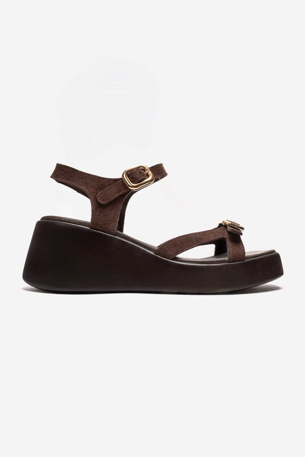 KALIA - Brown Suede Genuine Leather Wedge Heel Sandal – heel view showing leather, suede, Vowalisse