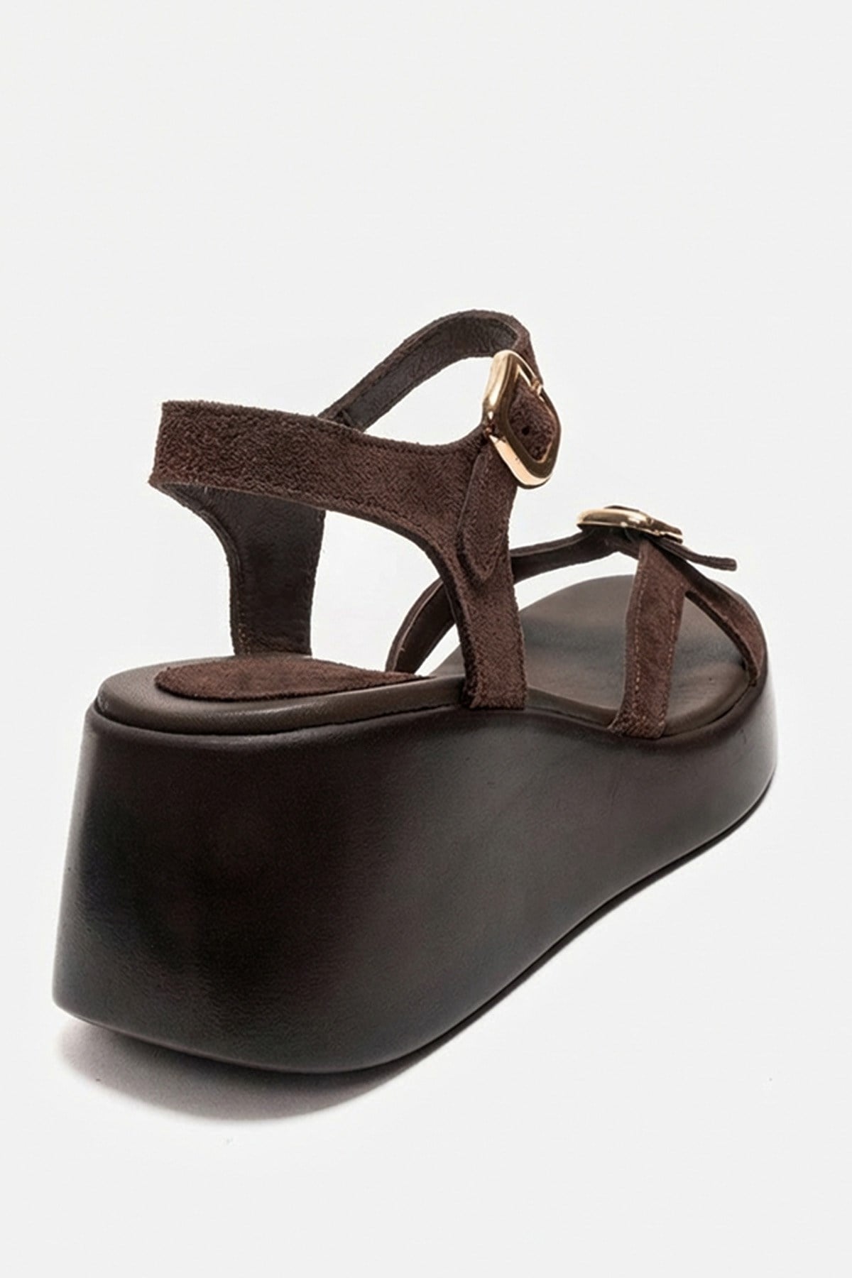 KALIA - Brown Suede Genuine Leather Wedge Heel Sandal – back view showing leather, suede, Vowalisse