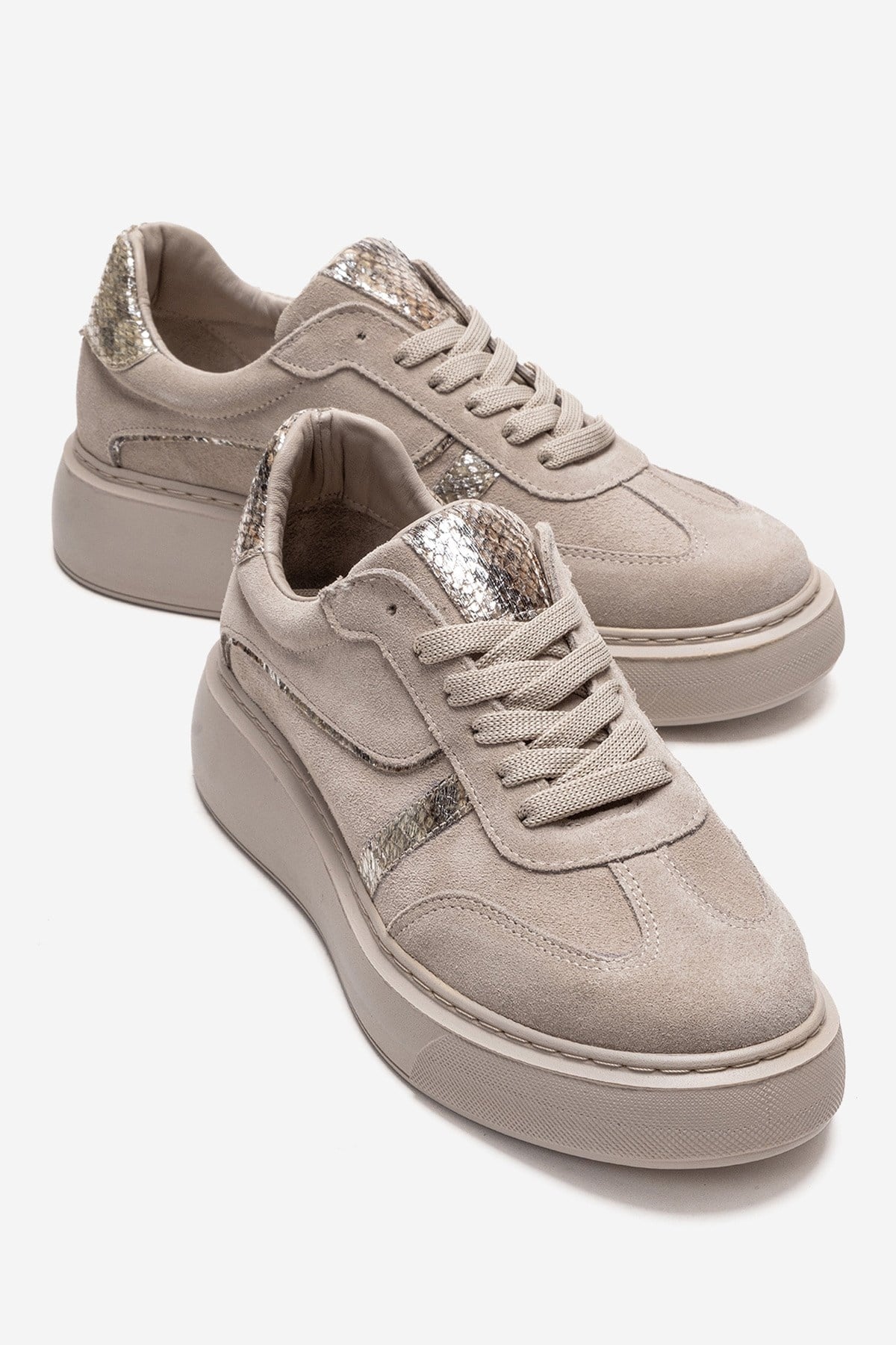IVARA - Beige Suede Genuine Leather Everyday Sneaker – front three-quarter view showing leather, suede, Vowalisse