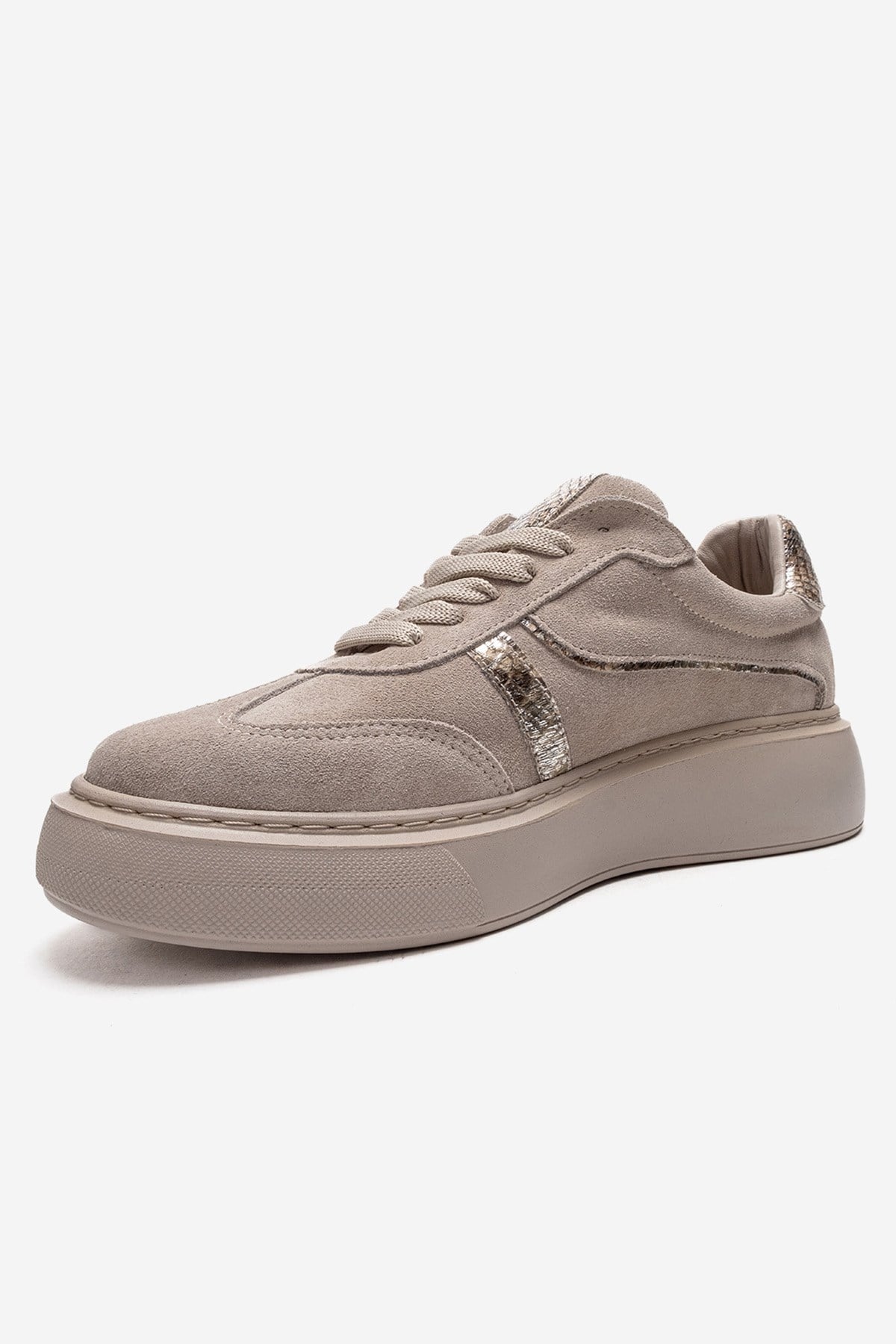 IVARA - Beige Suede Genuine Leather Everyday Sneaker – top view showing leather, suede, Vowalisse