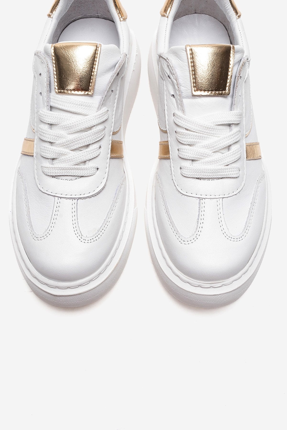 IVARA - White And Gold Genuine Leather Everyday Sneaker – side view showing leather, metallic, white, Vowalisse