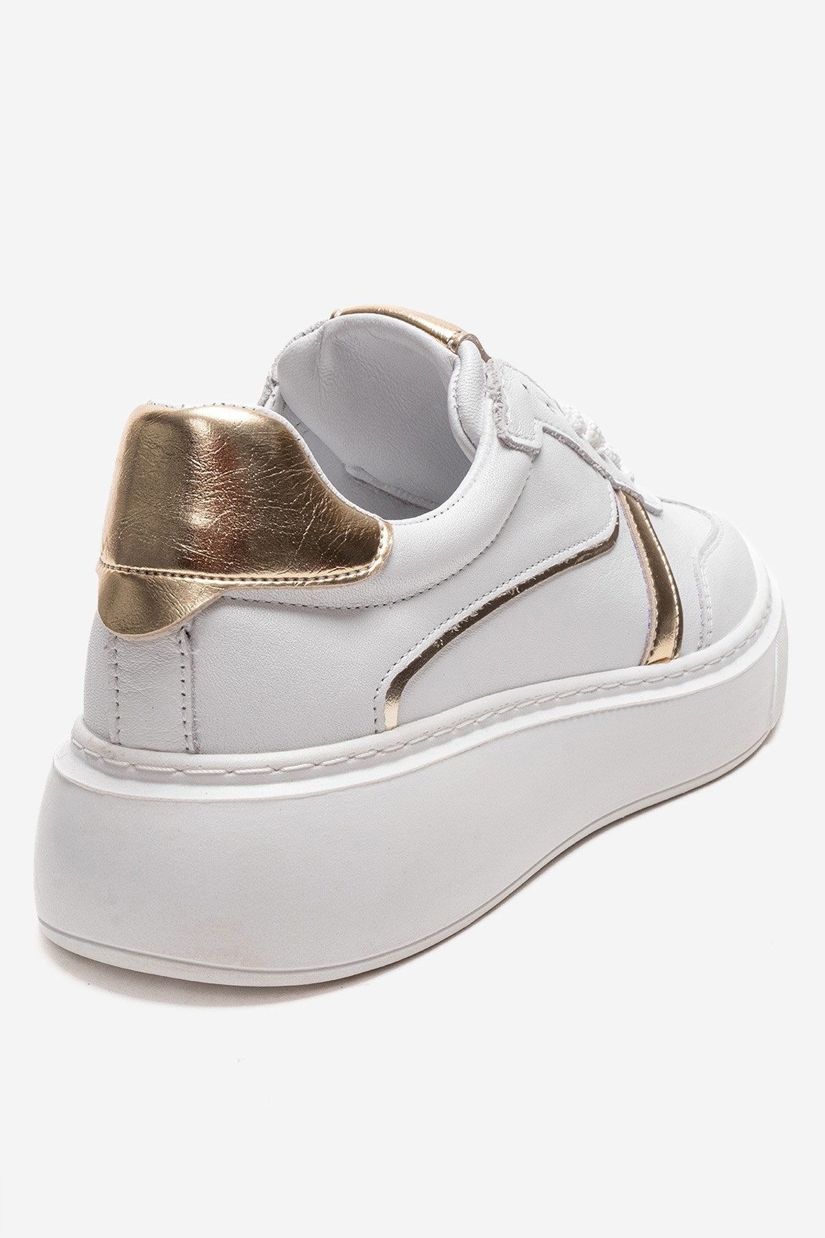 IVARA - White And Gold Genuine Leather Everyday Sneaker – back view showing leather, metallic, white, Vowalisse