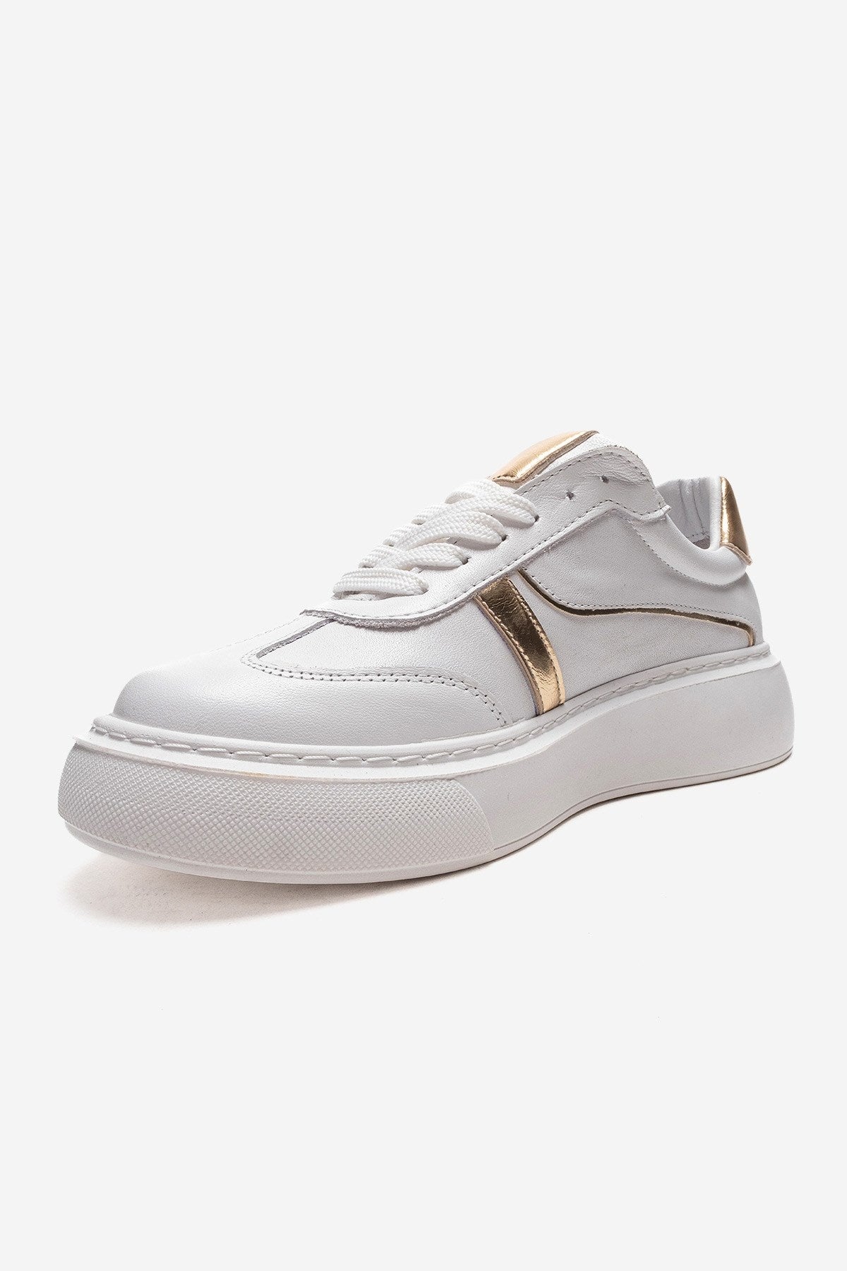 IVARA - White And Gold Genuine Leather Everyday Sneaker – top view showing leather, metallic, white, Vowalisse