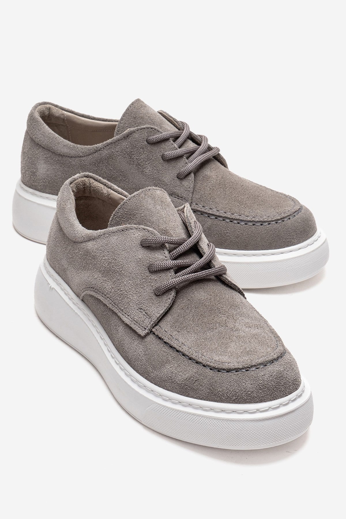 MAREON - Gray Suede Genuine Leather Lace-Up Sneaker – front three-quarter view showing lace, leather, suede, Vowalisse