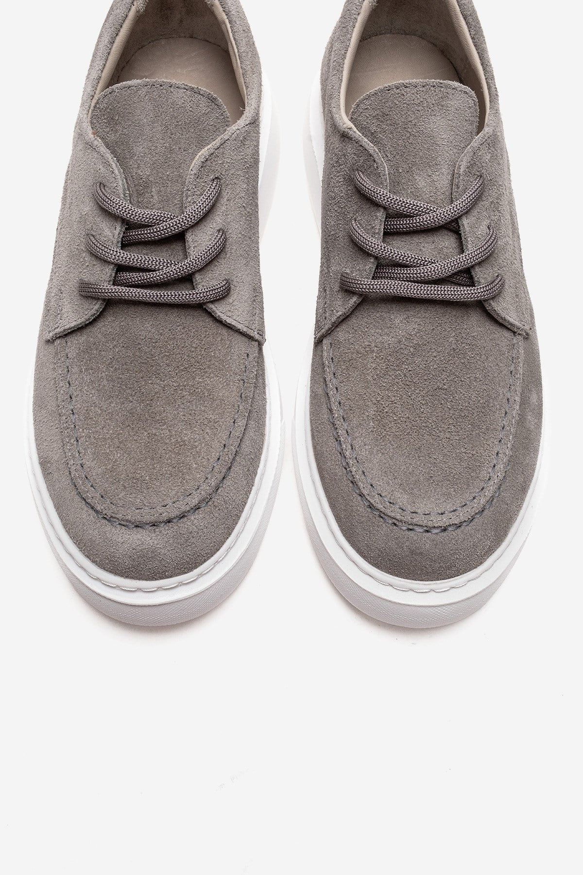 MAREON - Gray Suede Genuine Leather Lace-Up Sneaker – side view showing lace, leather, suede, Vowalisse