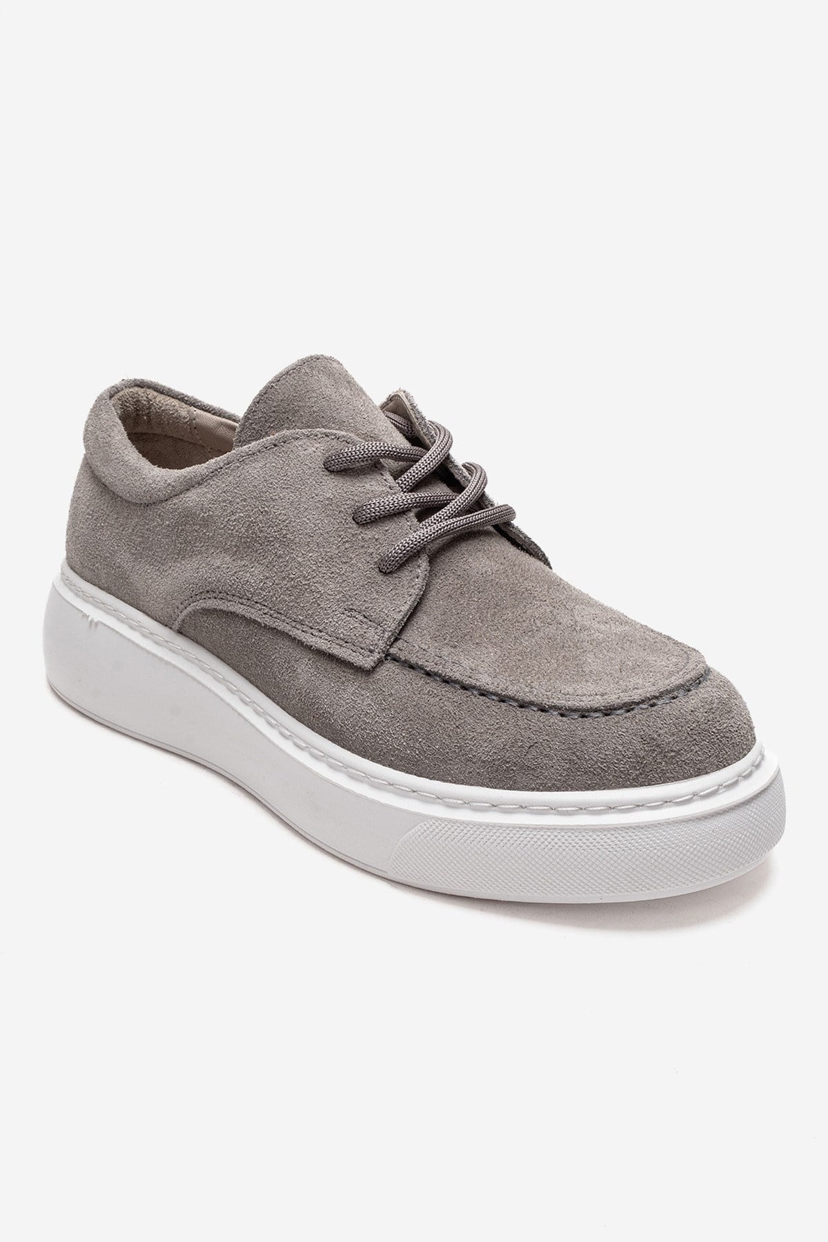 MAREON - Gray Suede Genuine Leather Lace-Up Sneaker – detail view showing lace, leather, suede, Vowalisse