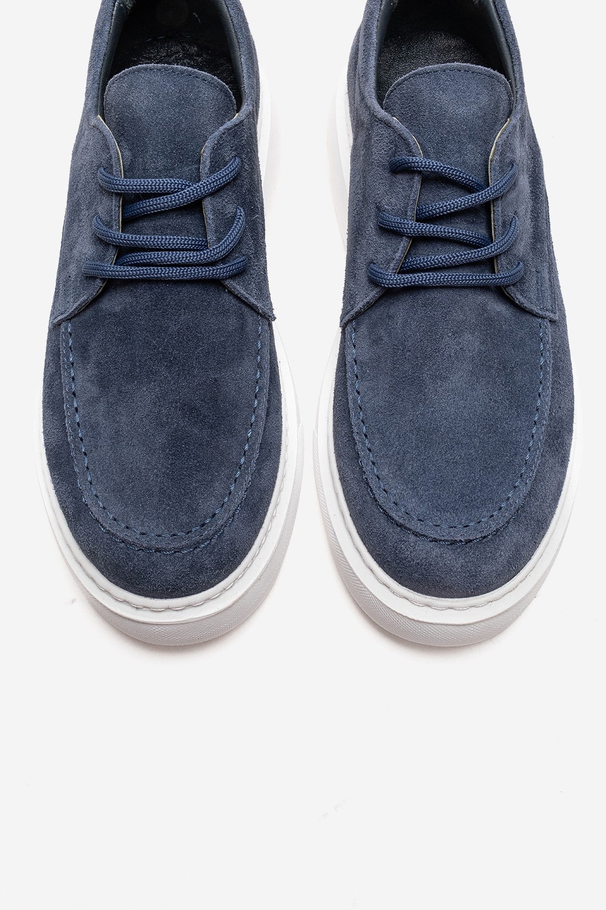 MAREON - Denim Blue Genuine Leather Lace-Up Daily Shoe – side view showing lace, leather, suede, Vowalisse
