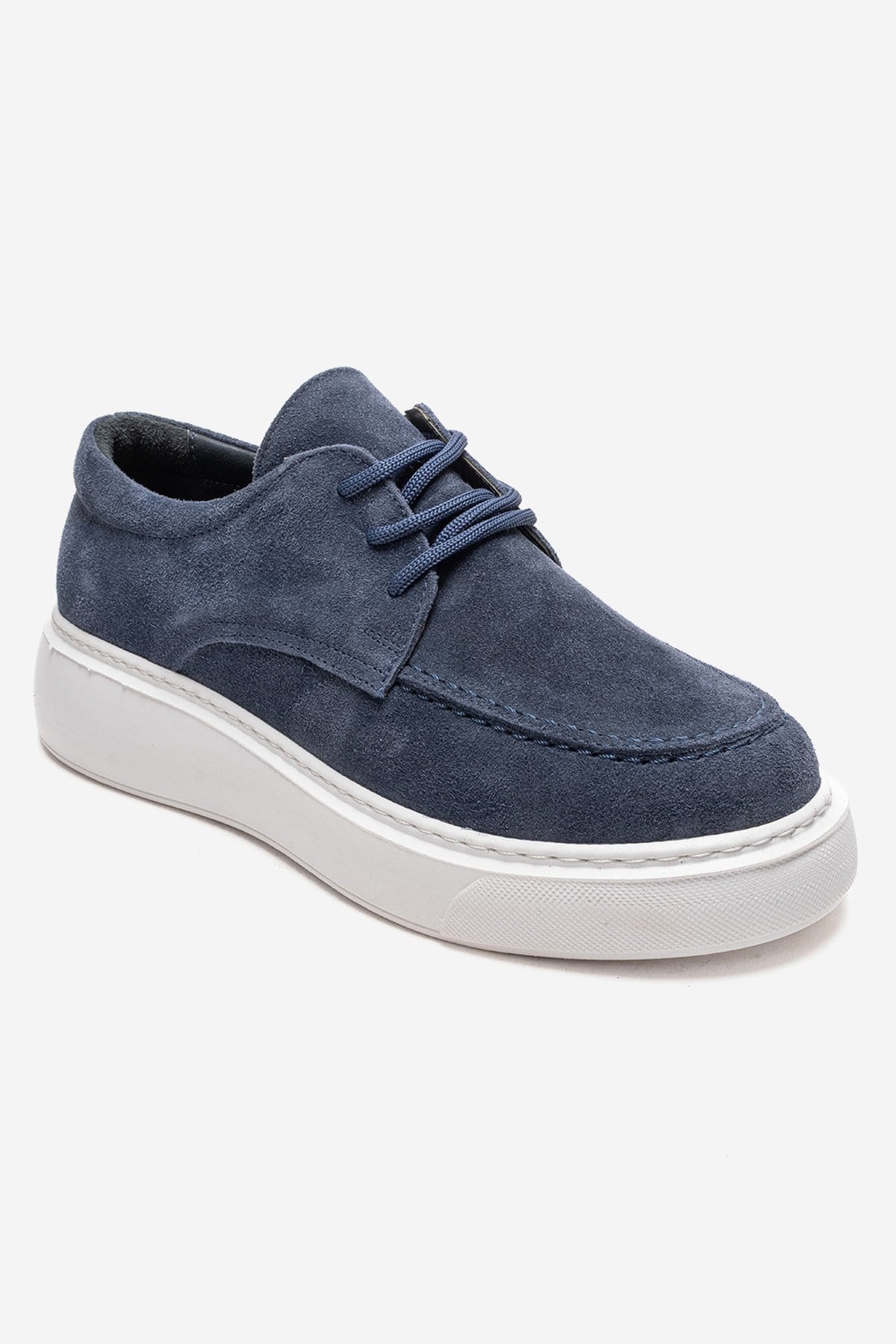 MAREON - Denim Blue Genuine Leather Lace-Up Daily Shoe – detail view showing lace, leather, suede, Vowalisse