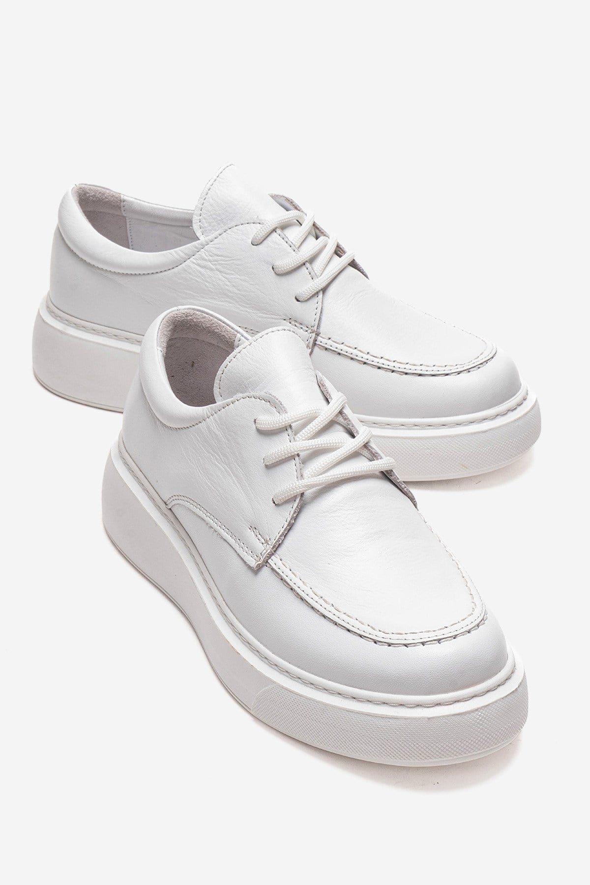 MAREON - White Genuine Leather Lace-Up Daily Shoe – front three-quarter view showing lace, leather, white, Vowalisse