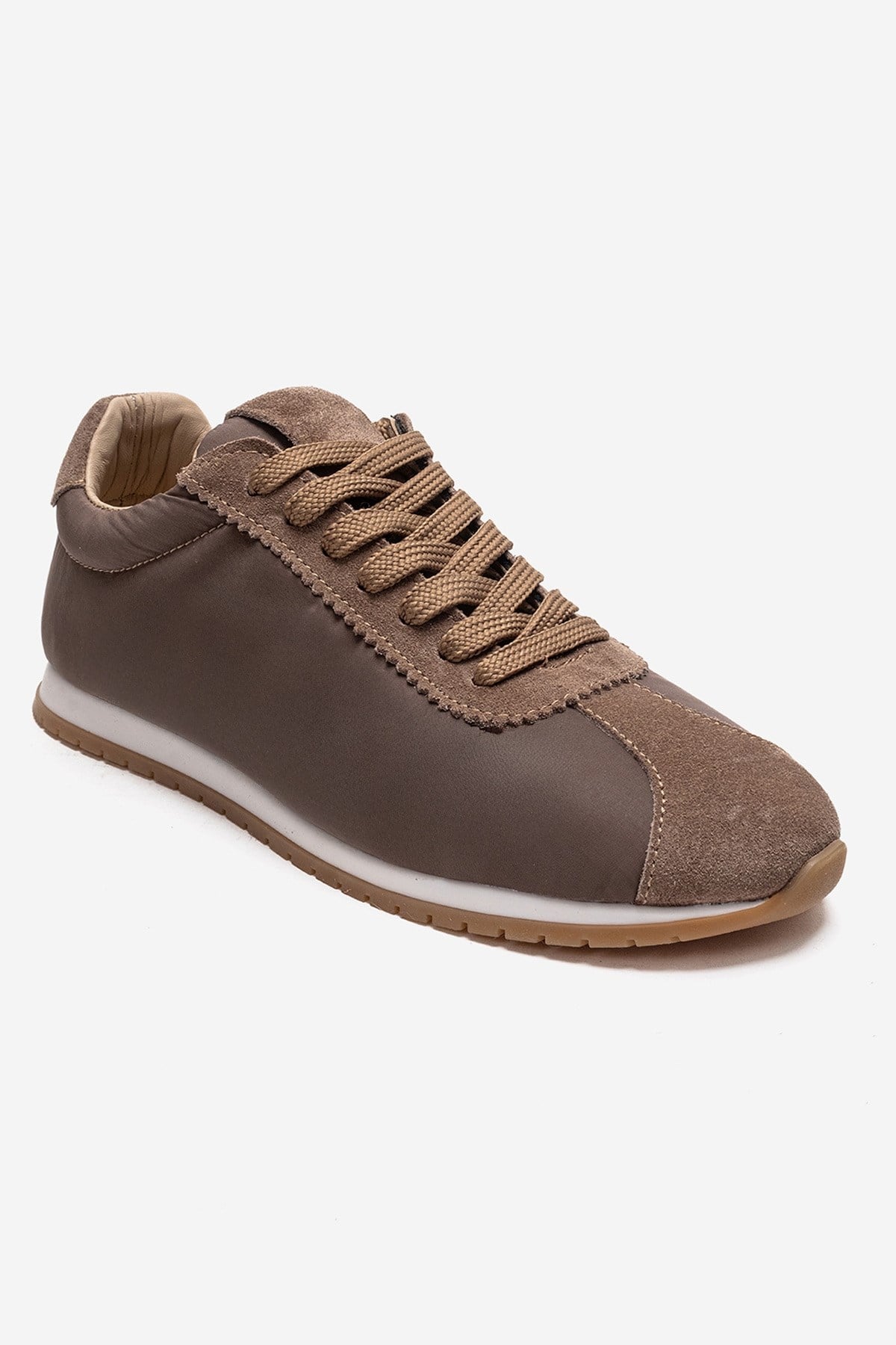 UNICA - Taupe Genuine Leather Sneaker – detail view showing leather, suede, Vowalisse