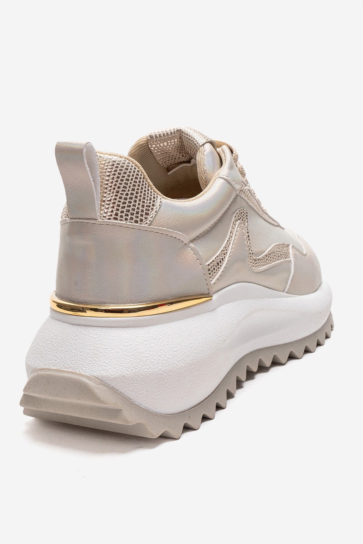 WHISPER - Beige Glitter Chunky Platform Everyday Sneaker – back view showing leather, glitter, Vowalisse