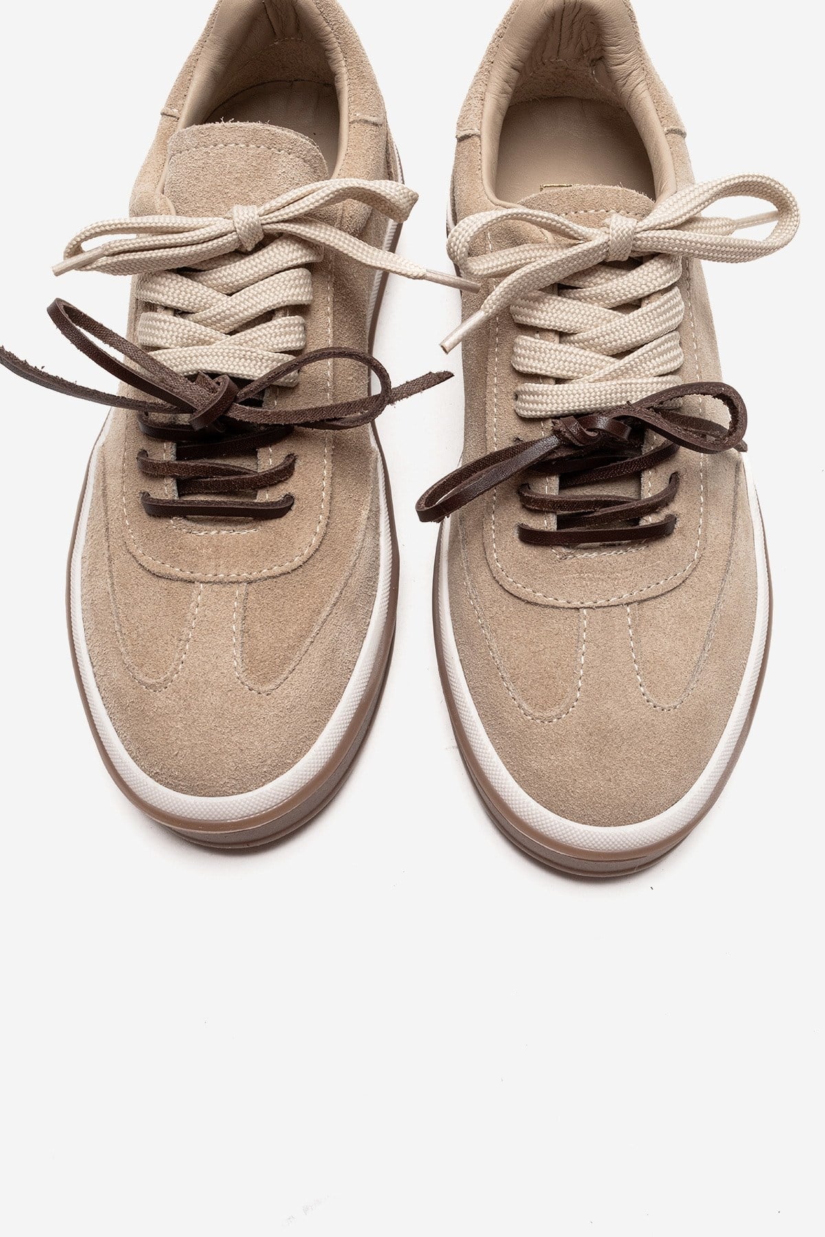 MELLE - Beige Genuine Suede Leather Casual Sneaker – side view showing leather, suede, Vowalisse