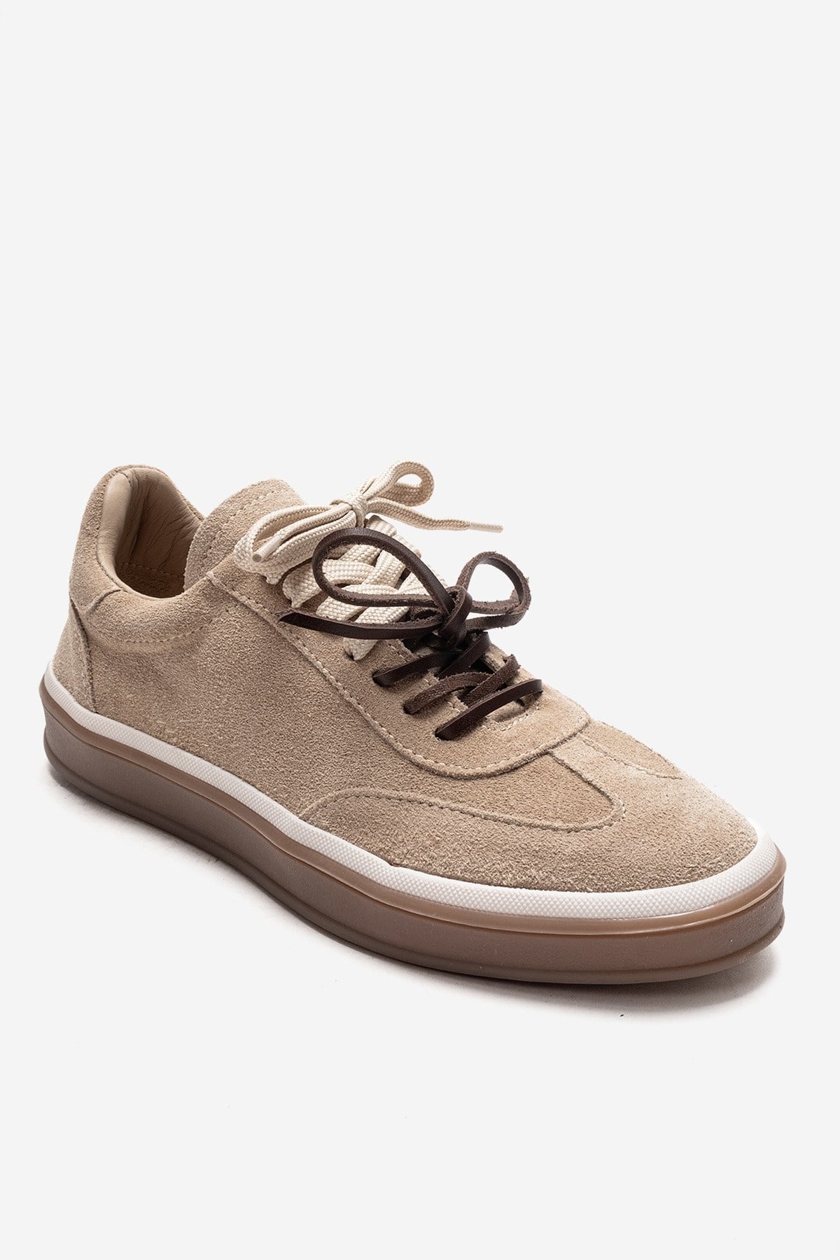 MELLE - Beige Genuine Suede Leather Casual Sneaker – detail view showing leather, suede, Vowalisse