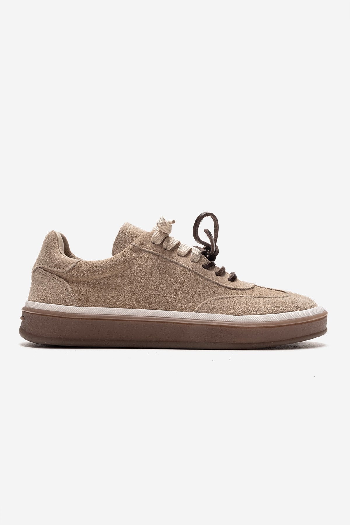 MELLE - Beige Genuine Suede Leather Casual Sneaker – heel view showing leather, suede, Vowalisse