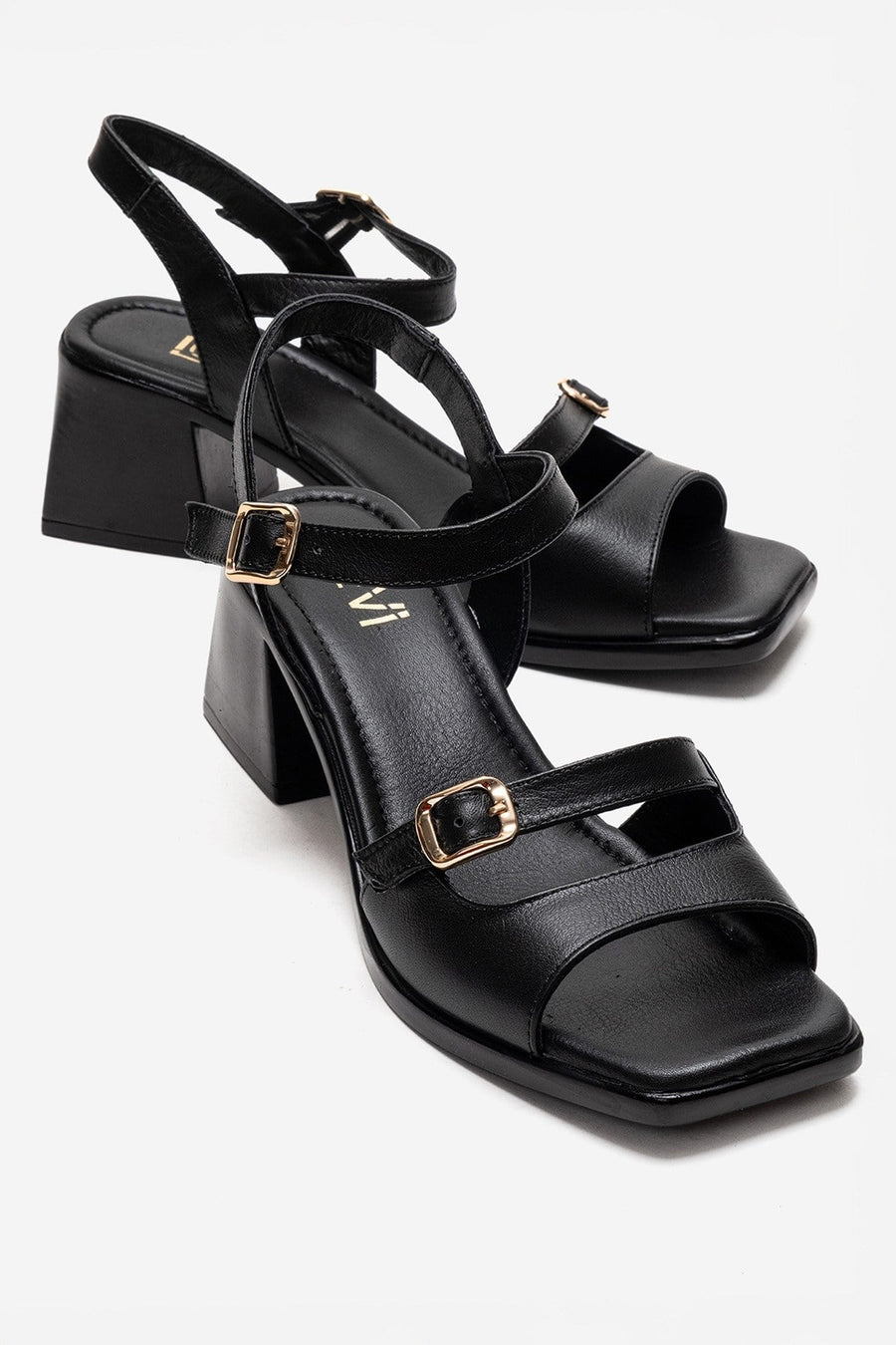 YOLEN - Black Genuine Leather Block Heel Sandal