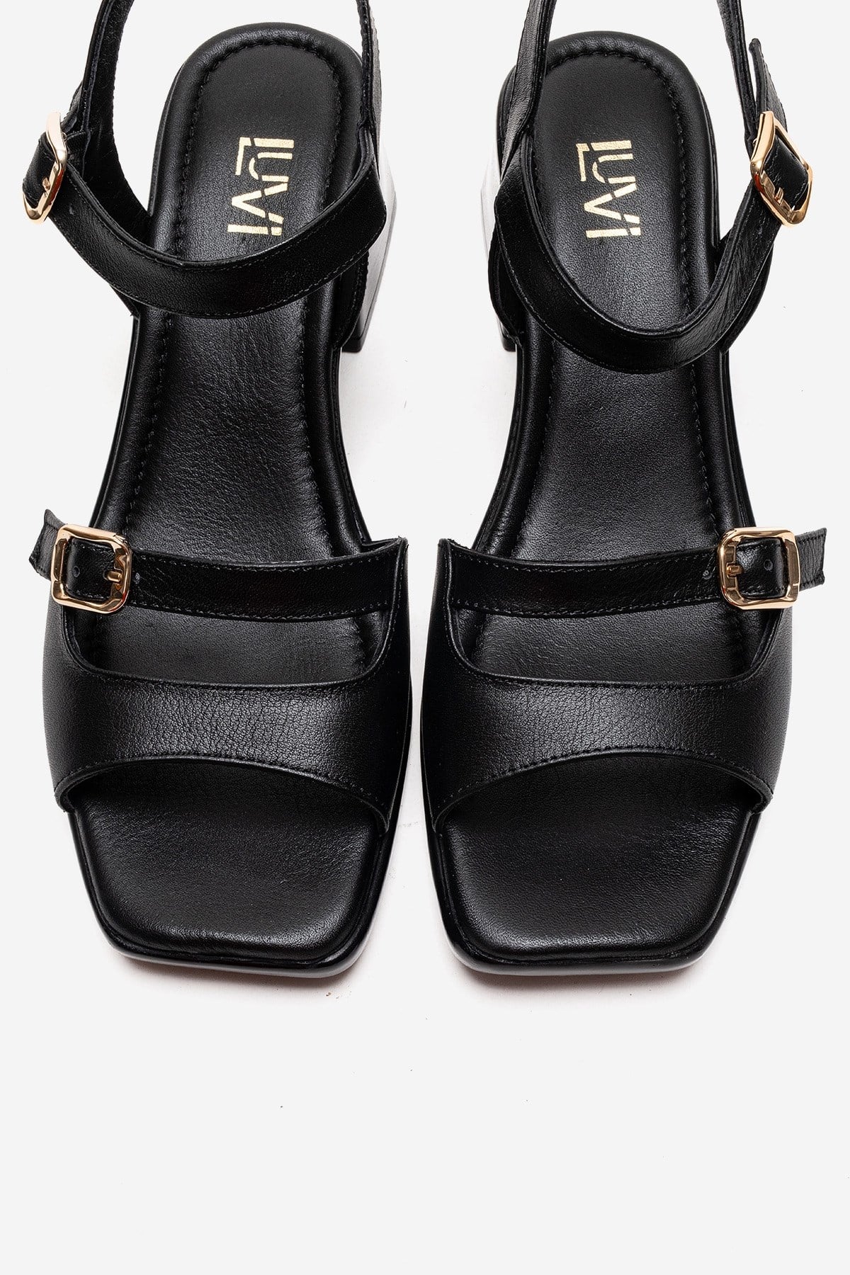 YOLEN - Black Genuine Leather Block Heel Sandal – side view showing leather, black, Vowalisse