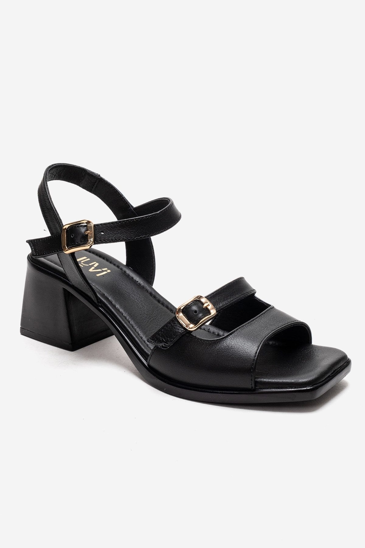 YOLEN - Black Genuine Leather Block Heel Sandal – detail view showing leather, black, Vowalisse