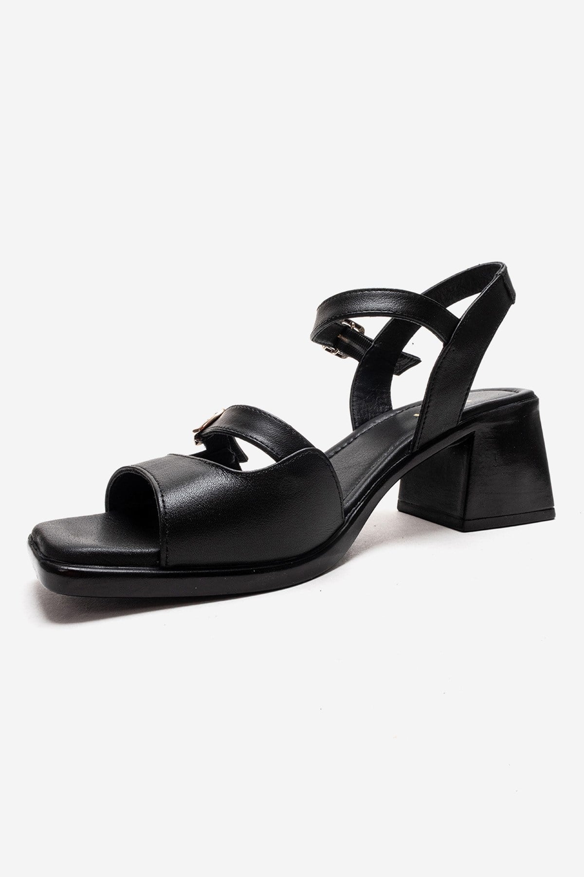 YOLEN - Black Genuine Leather Block Heel Sandal – top view showing leather, black, Vowalisse
