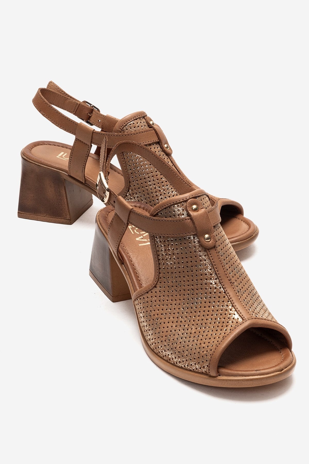 Janelle - Cognac Genuine Leather Block Heel Sandal – front three-quarter view showing leather, Vowalisse