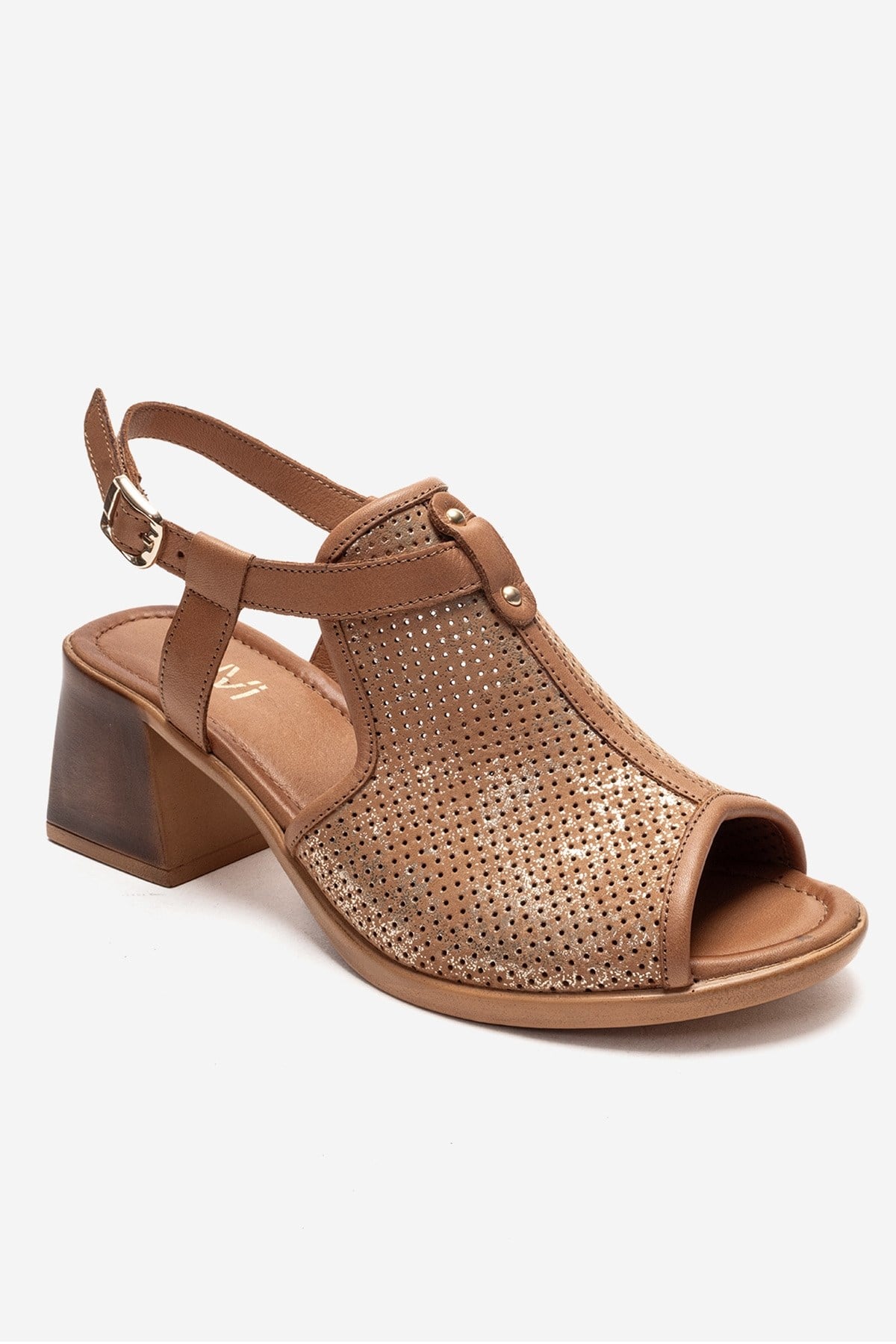 Janelle - Cognac Genuine Leather Block Heel Sandal – detail view showing leather, Vowalisse