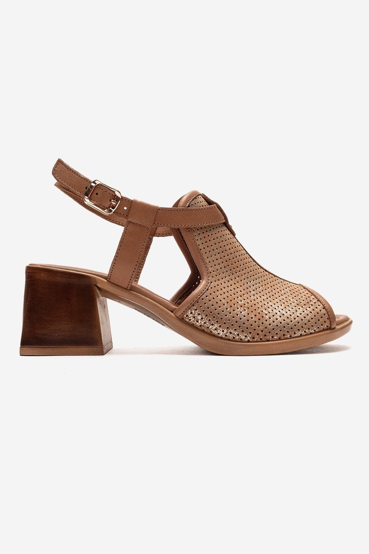 Janelle - Cognac Genuine Leather Block Heel Sandal – heel view showing leather, Vowalisse