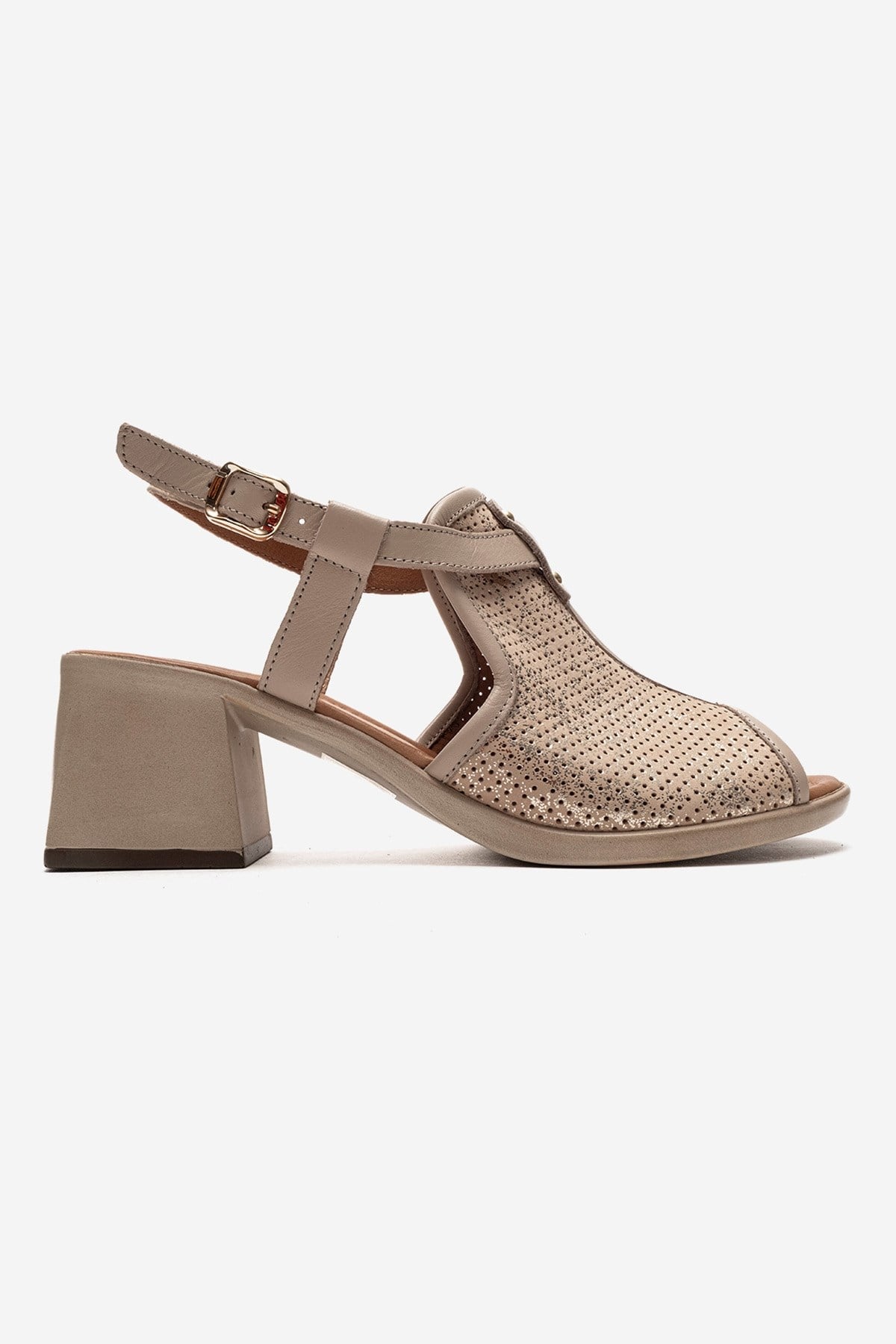 Janelle - Beige Genuine Leather Block Heel Sandal – heel view showing leather, Vowalisse
