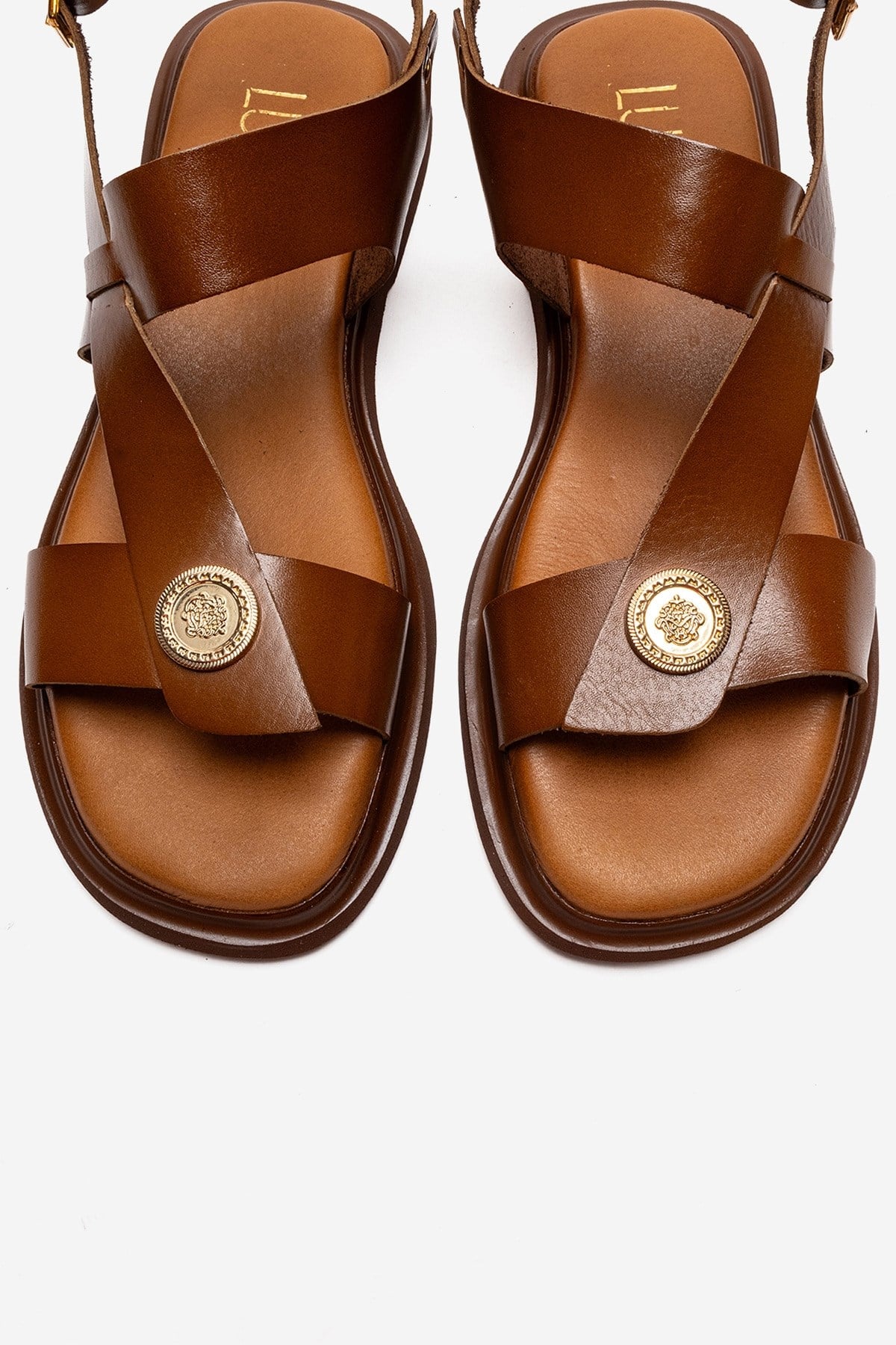 Quella - Cognac Genuine Leather Buckle Sandal – side view showing leather, Vowalisse