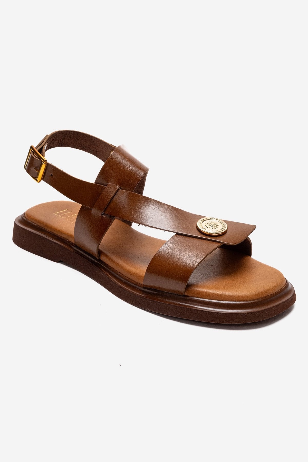Quella - Cognac Genuine Leather Buckle Sandal – detail view showing leather, Vowalisse