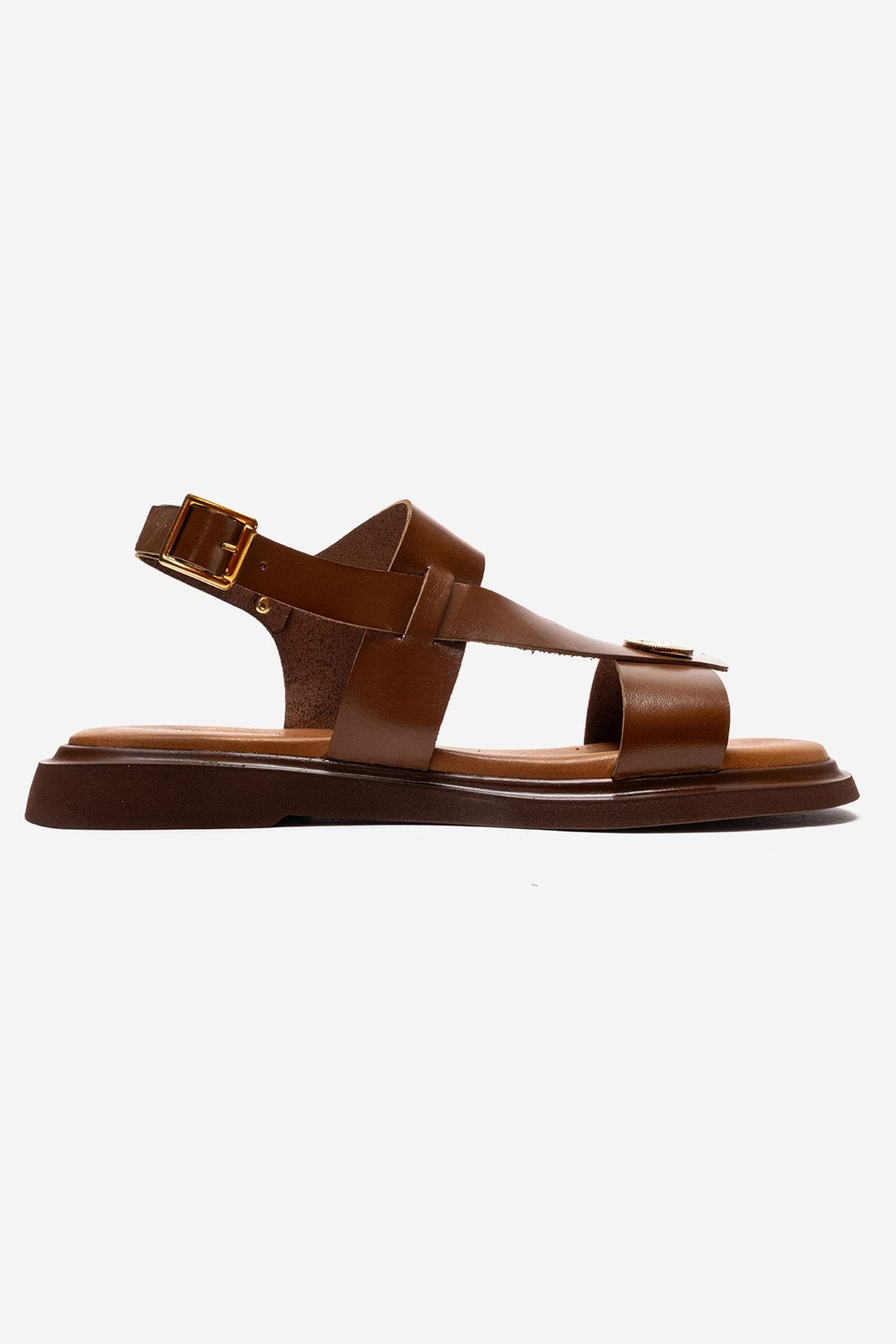Quella - Cognac Genuine Leather Buckle Sandal – heel view showing leather, Vowalisse
