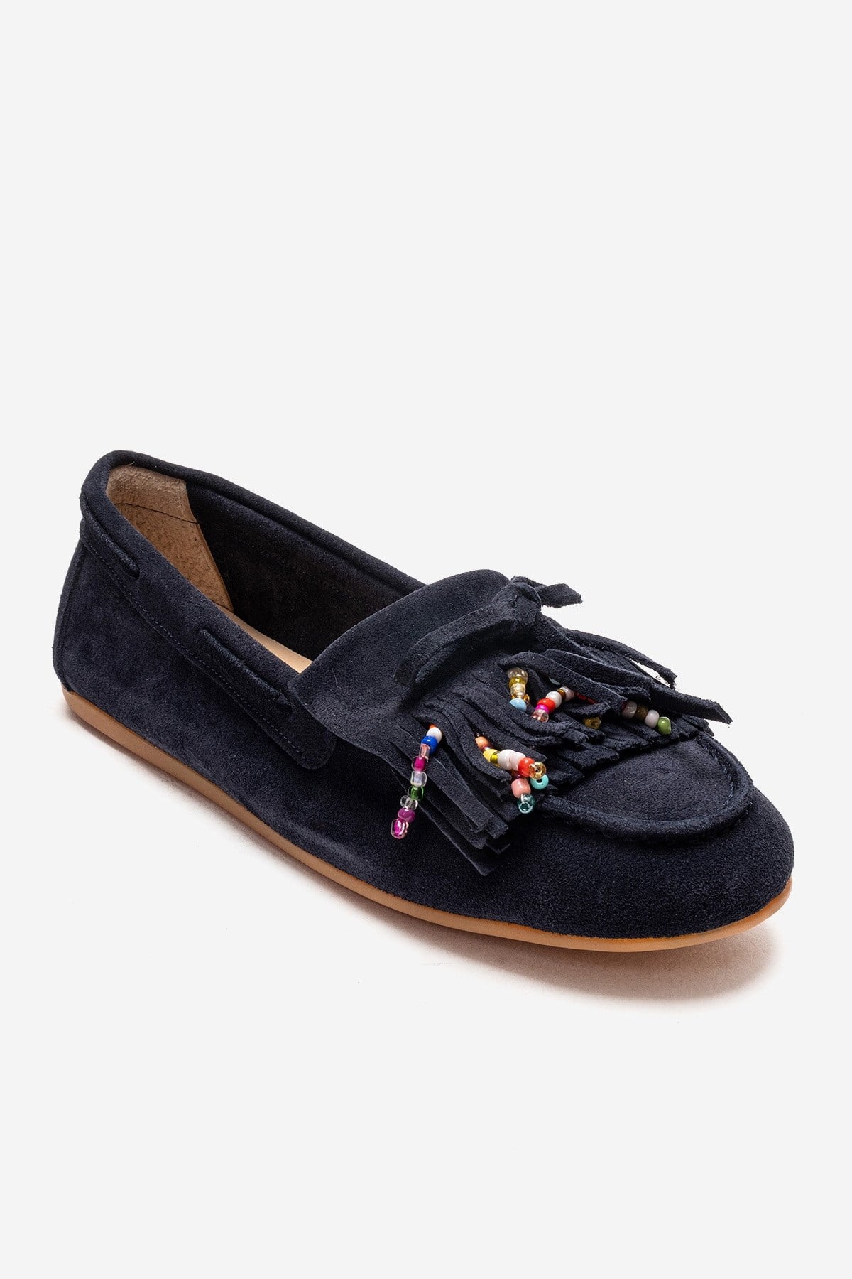 Evelyn - Navy Genuine Leather Loafer – detail view showing leather, suede, Vowalisse