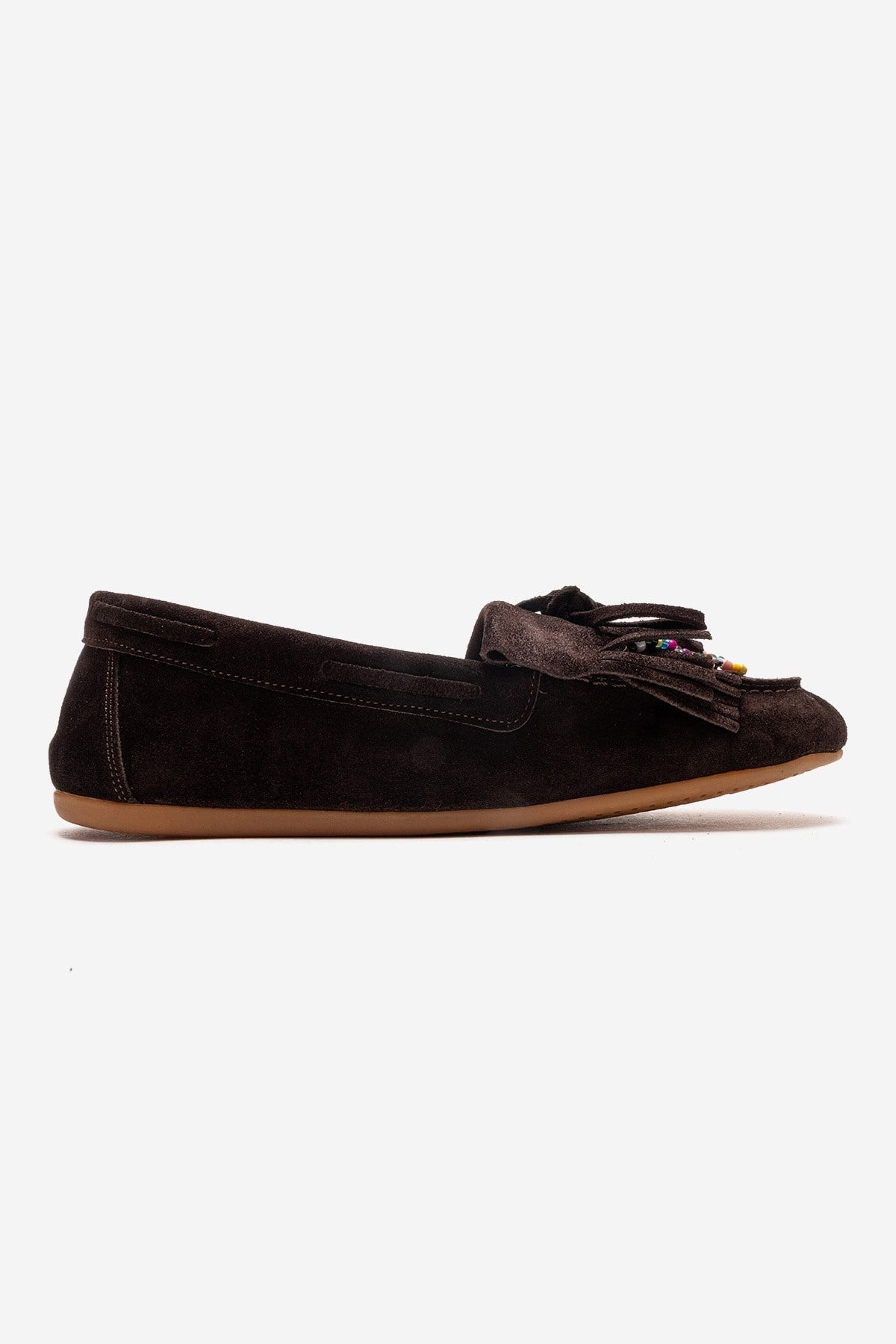 Evelyn - Brown Genuine Leather Suede Loafer – heel view showing leather, suede, Vowalisse