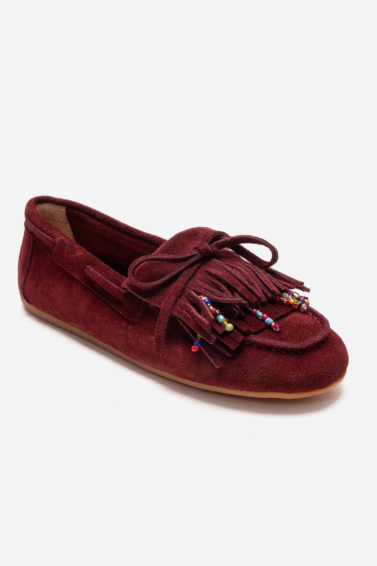 Evelyn - Burgundy Genuine Leather Suede Loafer – detail view showing leather, suede, Vowalisse