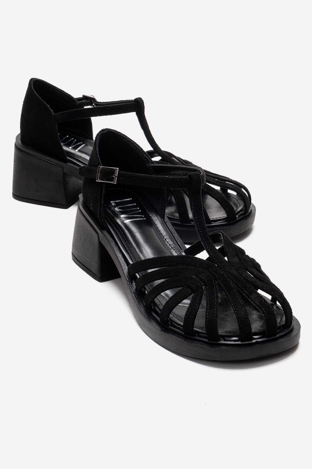 Nolana - Black Block Heel Sandal – front three-quarter view showing leather, suede, black, Vowalisse