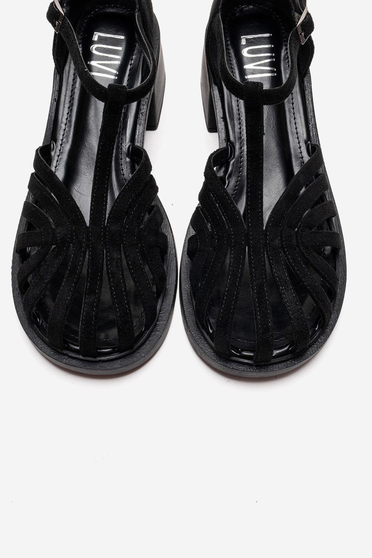 Nolana - Black Block Heel Sandal – side view showing leather, suede, black, Vowalisse