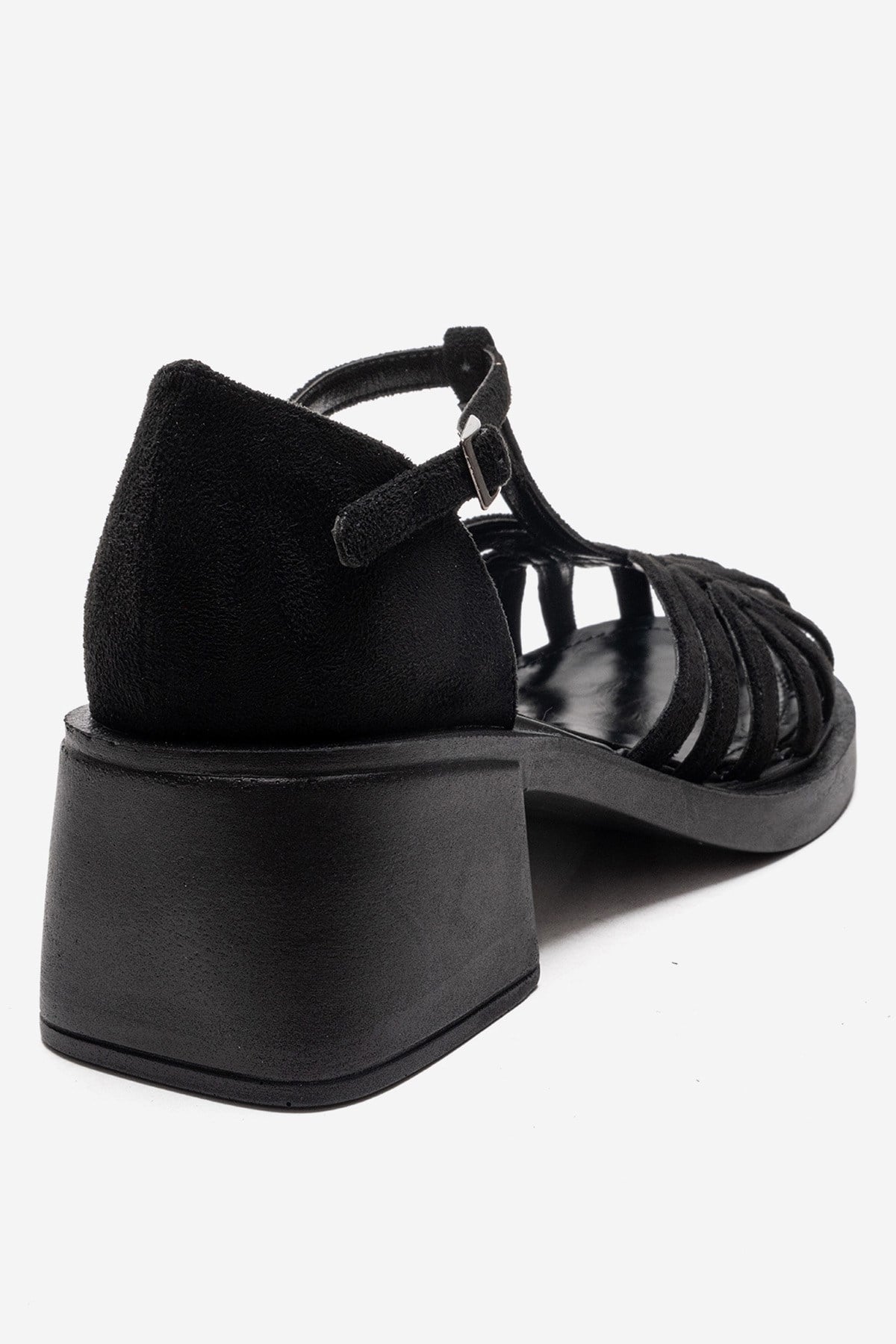 Nolana - Black Block Heel Sandal – back view showing leather, suede, black, Vowalisse