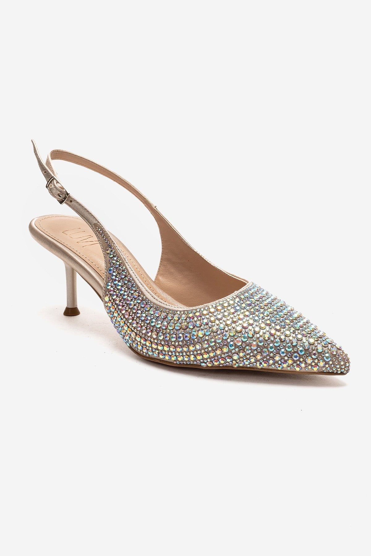 Yasmina - Nude Stone Embellished Stiletto Pump – detail view showing leather, nude, Vowalisse