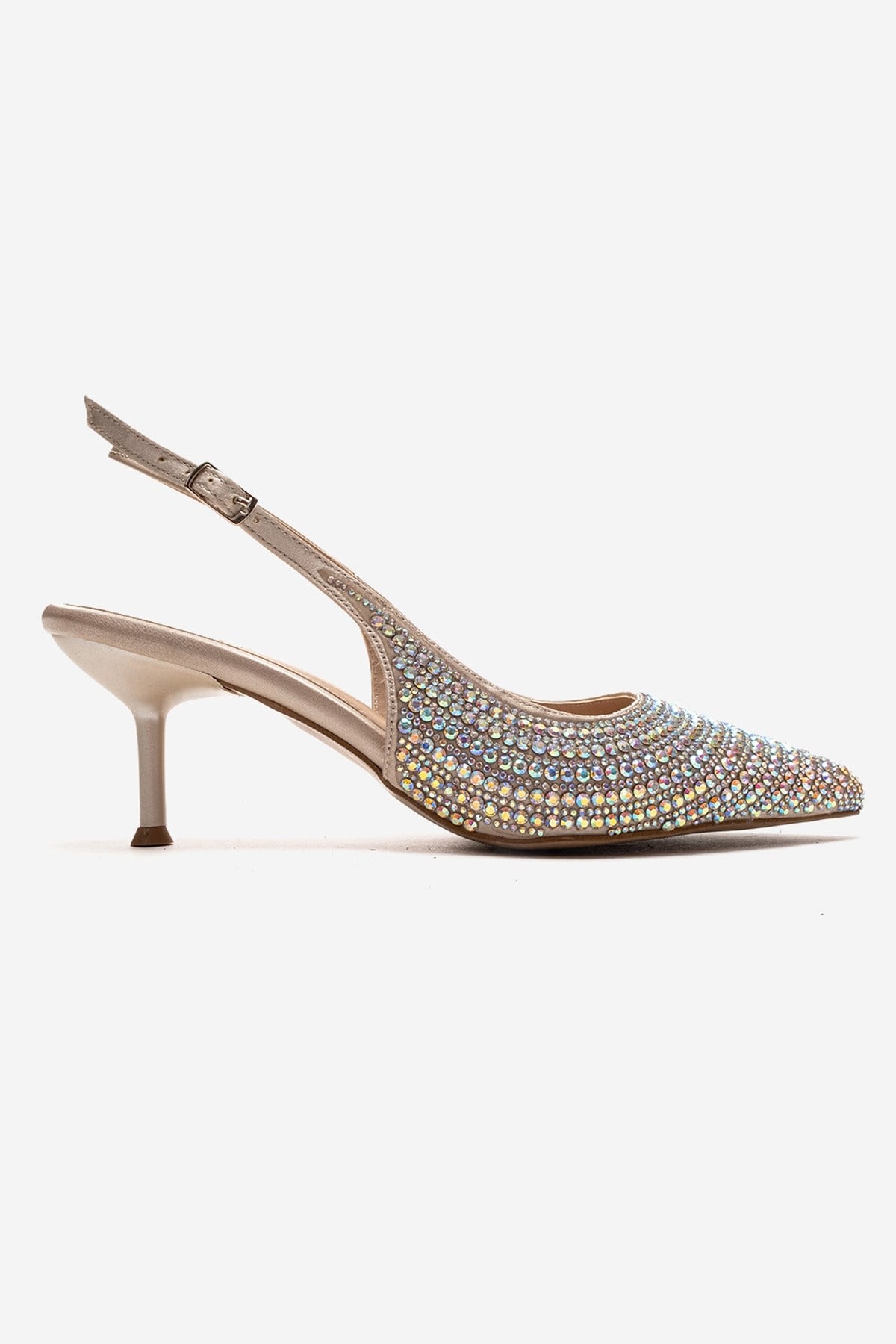 Yasmina - Nude Stone Embellished Stiletto Pump – heel view showing leather, nude, Vowalisse