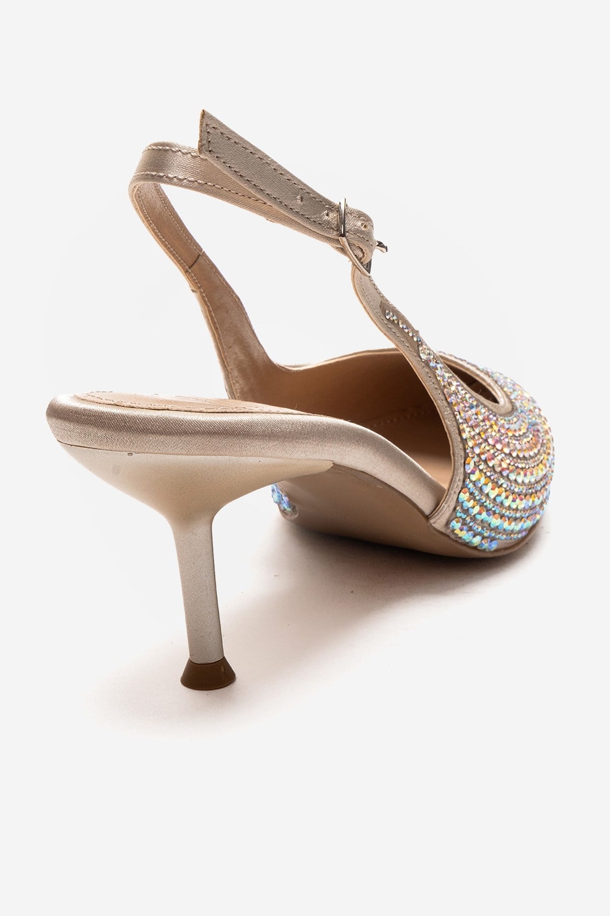 Yasmina - Nude Stone Embellished Stiletto Pump – back view showing leather, nude, Vowalisse