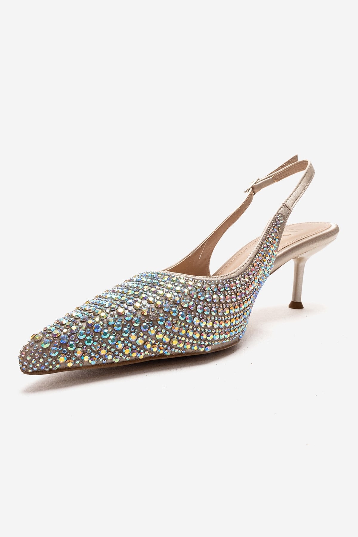 Yasmina - Nude Stone Embellished Stiletto Pump – top view showing leather, nude, Vowalisse
