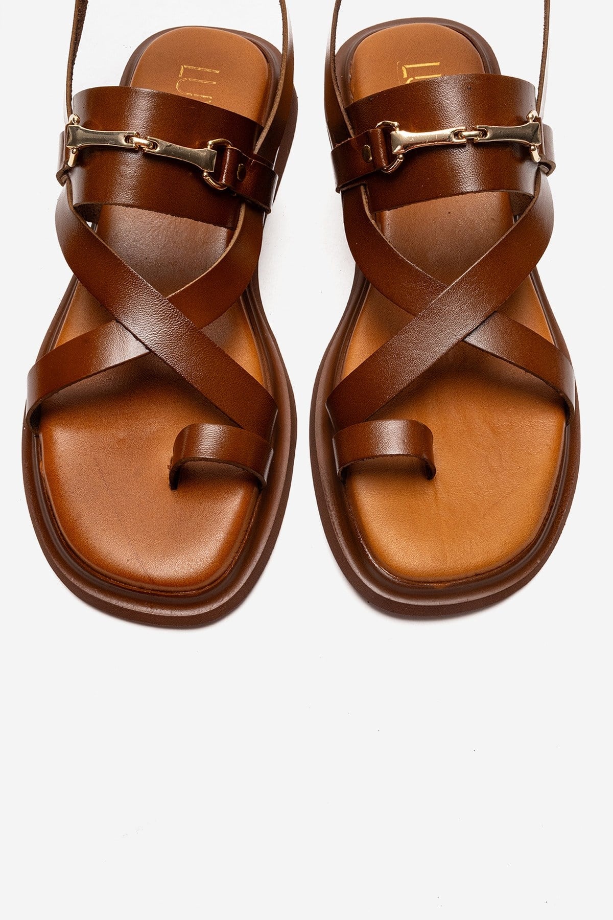 FABIANA - Camel Genuine Leather Toe-Post Sandal – side view showing leather, gold, Vowalisse