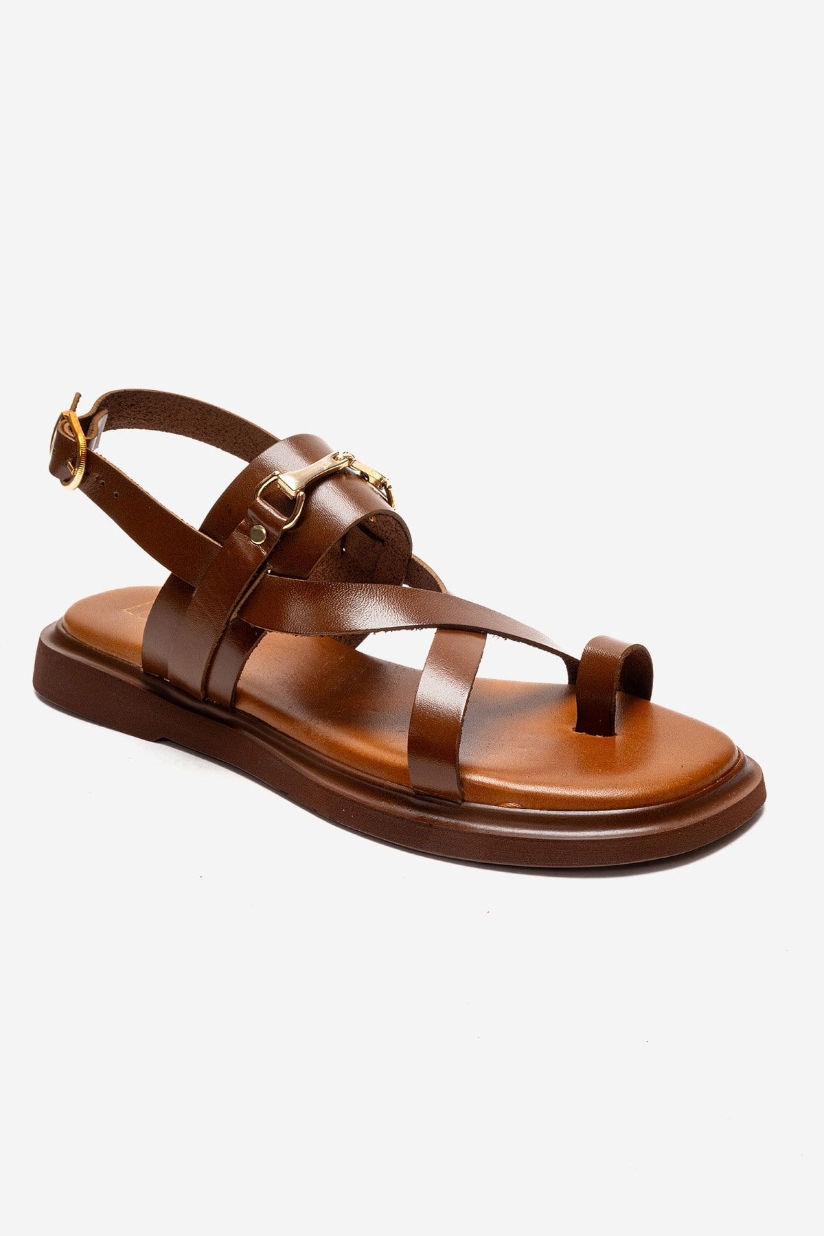 FABIANA - Camel Genuine Leather Toe-Post Sandal – detail view showing leather, gold, Vowalisse
