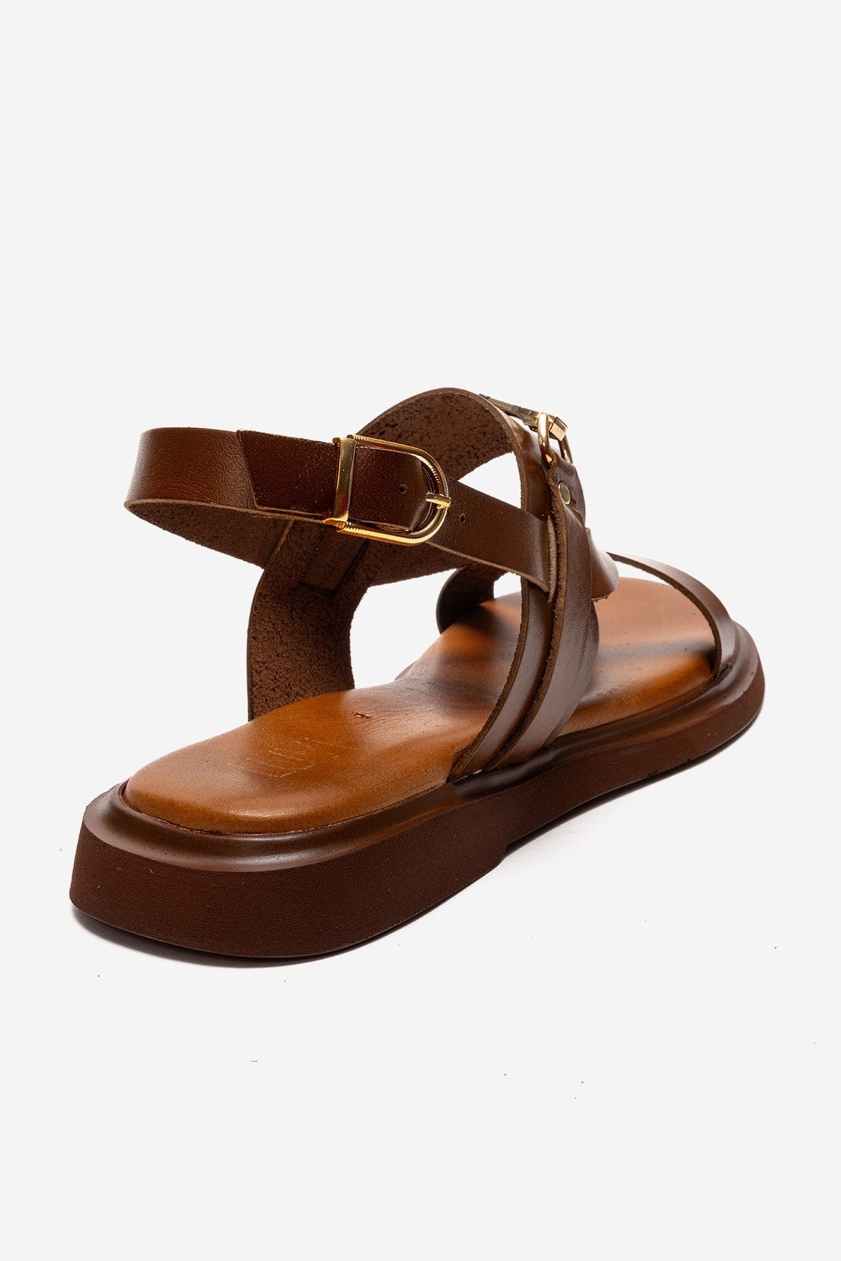 FABIANA - Camel Genuine Leather Toe-Post Sandal – back view showing leather, gold, Vowalisse