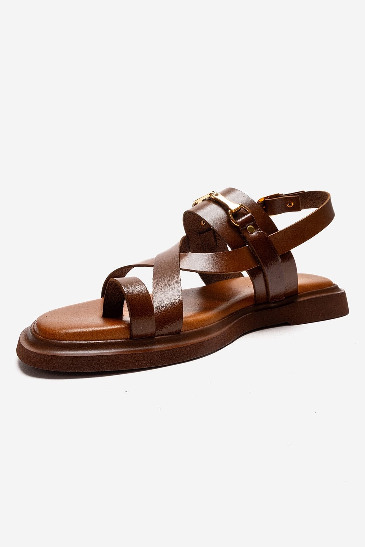 FABIANA - Camel Genuine Leather Toe-Post Sandal – top view showing leather, gold, Vowalisse