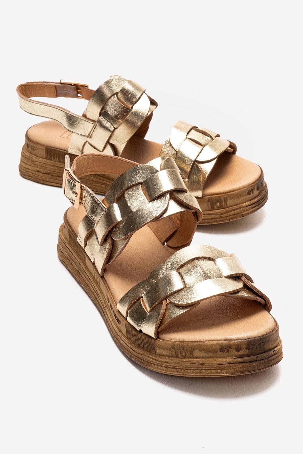 ELVORO - Gold Genuine Leather Sandal – front three-quarter view showing leather, metallic, gold, Vowalisse