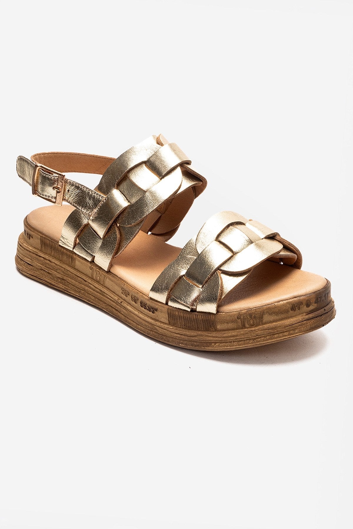 ELVORO - Gold Genuine Leather Sandal – detail view showing leather, metallic, gold, Vowalisse