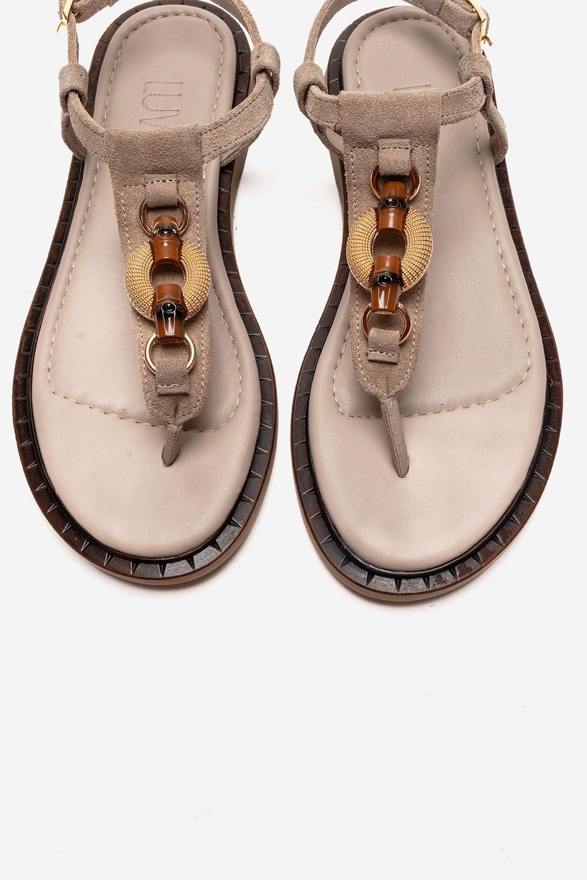 TIANA - Taupe Genuine Leather Buckle Toe-Post Sandal – side view showing leather, Vowalisse