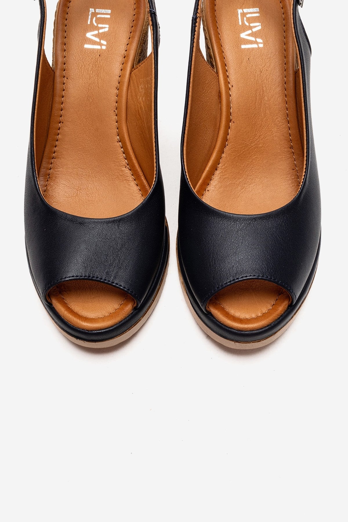 HELINA - Navy Genuine Leather Wedge Sandal – side view showing leather, Vowalisse