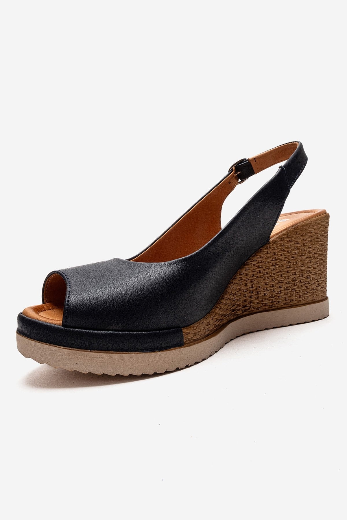 HELINA - Navy Genuine Leather Wedge Sandal – top view showing leather, Vowalisse